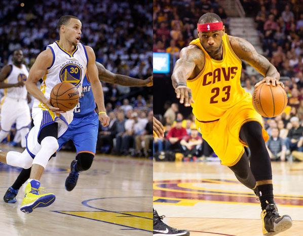 Stephen Curry (right) and LeBron James (left) both drive to the hoop against opponent