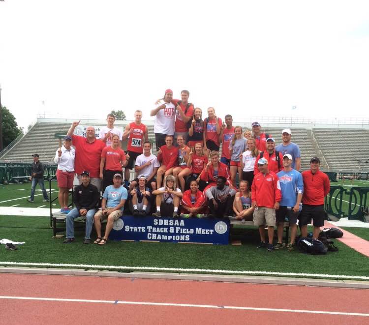 LHS+track+team+finalists+pose+with+new+championship+hardware+after+the+state+meet+to+add+to+LHS+rapidly+growing+trophy+case.