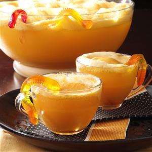 "Wormy Orange Punch" is the next recipe. This includes orange sherbet, canned pineapple juice, lemon-lime soda and gummy worms! Simply stir all the ingredients together and top it off with a few gummy worms!