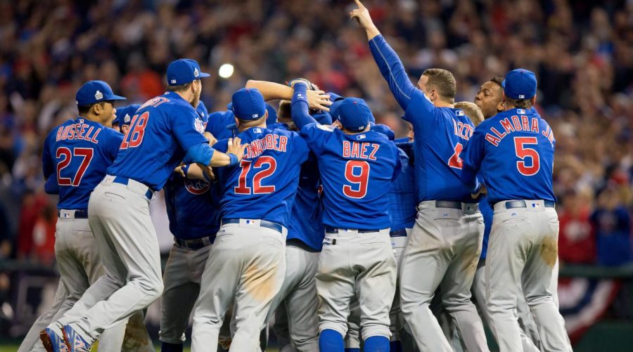 The Chicago Cubs celebrate after taking home the World Series championship for the first time in 108 years.