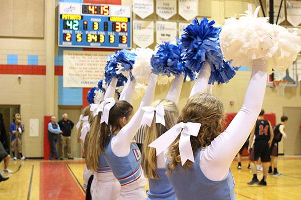LHS cheerleaders cheering during an LHS free throw the LHS vs WHS basketball game on Jan. 26.