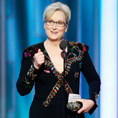 Meryl Streep accepting the Cecil B. DeMille Award for her outstanding contributions to the world of entertainment.