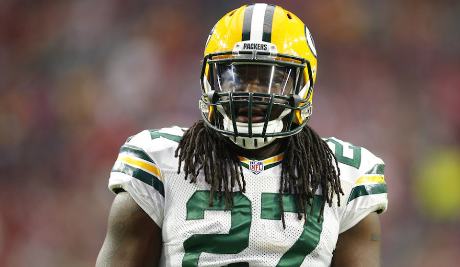 Eddie Lacy stares into the camera during a game with the Packers in the 2016 season.