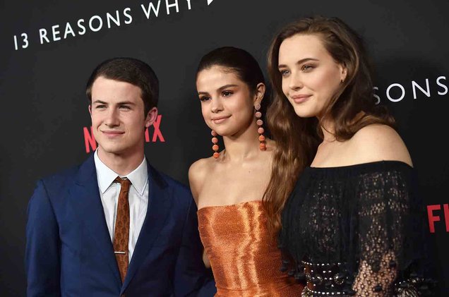 Executive producer, Selena Gomez, poses with the two main characters from the show, Dylan Minnette and Katherine Langford.
