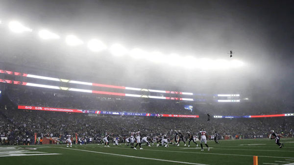 Fog covers the field during the Patriots and Falcons Sunday night game.