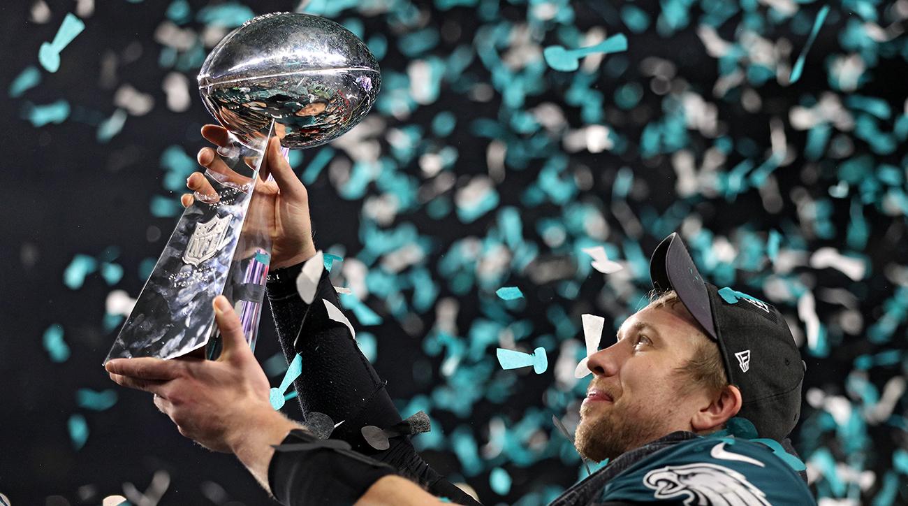 Nick Foles holds up the Lombardi Trophy after winning the first Super Bowl in Eagles history.