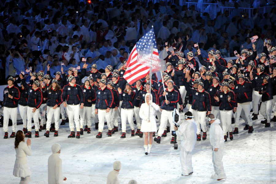 Team USA marches in the parade of athletes around BC Place stadium during the Opiening Ceremony of the XXI Olympic Winter Games on Feb. 12 in Vancouver, British Columbia, Canada. 
Photo by Tim Hipps, FMWRC Public Affairs