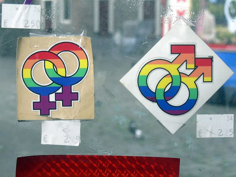 Two male symbols intertwined and two female symbols intertwined represent same-sex attraction.