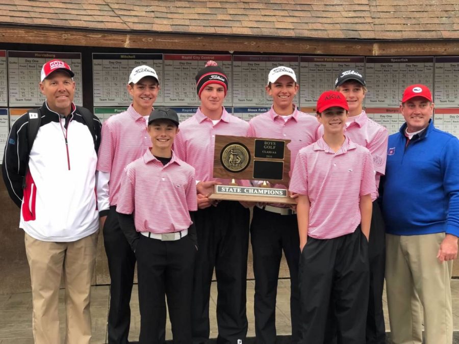 The LHS boys golf team won the State Championship under the leadership of Jeff Halseth and Scott Amundson. 
Left: Coach Amundson, Ryan Neff, Max Honner, Adam Schrader, Nash Stenberg, Coach Halseth. Front left: Jack Hillgenberg, Luke Honner