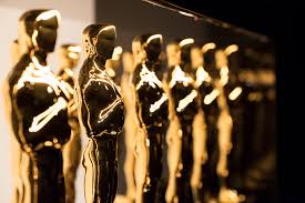 Oscar trophies lined up for the award show.