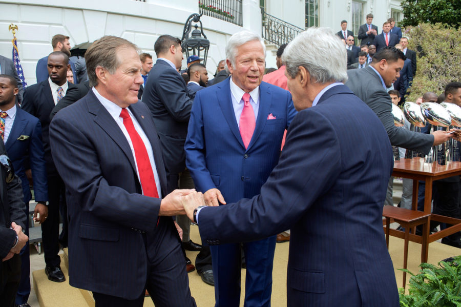 Robert Kraft (middle) is the owner of the New England Patriots and one of over a dozen men brought up on prostitution charges regarding the Orchids of Asia day spa.