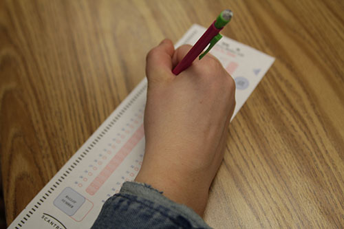 A student fills out their Scantron. Smarter Balanced testing is taken on Chrome Books not on a scantron. 