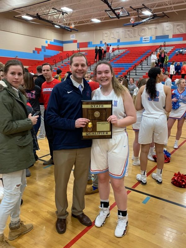 Jaydyn Fikse and LHS basketball coach, Matt Daly at the basketball State qualifier. The LHS girls basketball team has received the honor of playing at the State Basketball Tournament. 