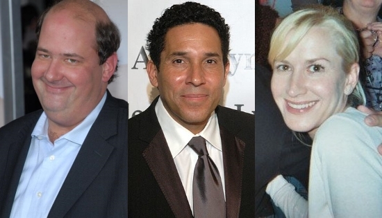Left to right: Brian Baumgartner as Kevin, Oscar Nuñez as Oscar, and Angela Kinsey as Angela.