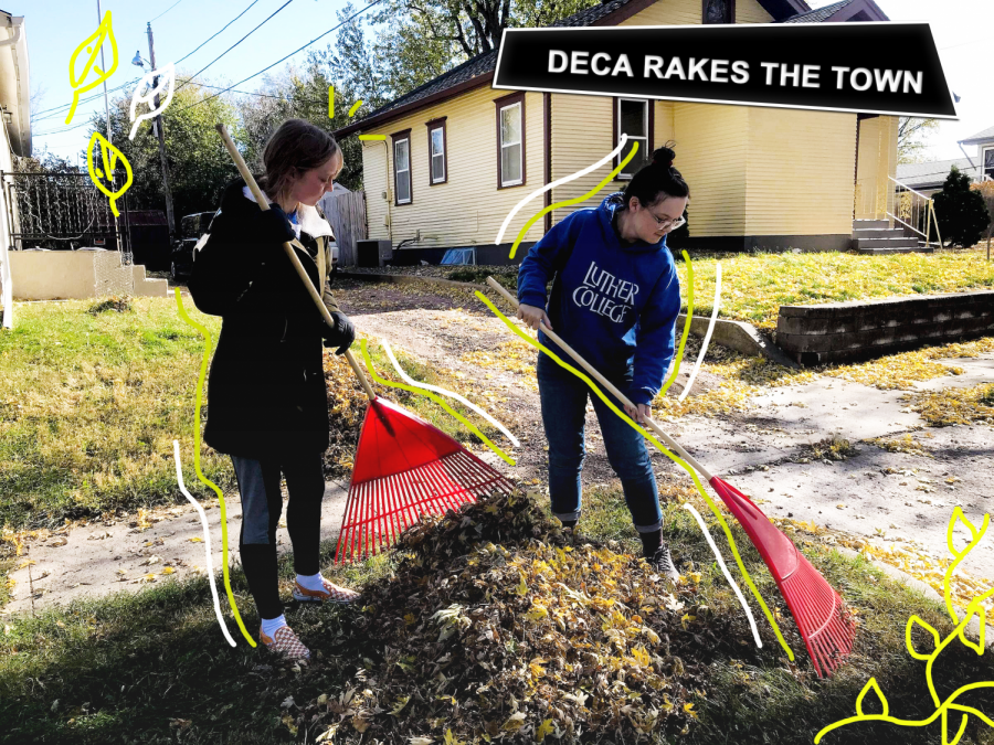 Senior Kat Steffen and freshman Mary Steffen rake the lawn of a Sioux Falls citizen.