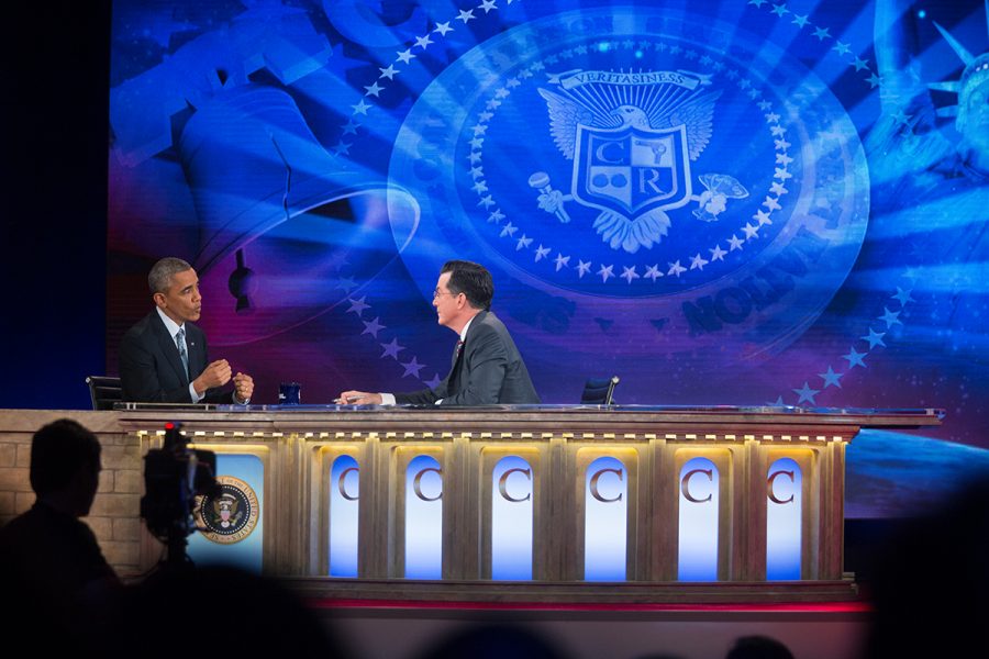 Stephen Colbert interviews former President Obama towards the end of his run on The Colbert Report.