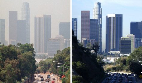 Before and after photo of the Los Angeles skyline. Stay at home measures are not only protecting people's health but the health of the environment.