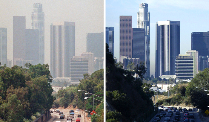 Before+and+after+photo+of+the+Los+Angeles+skyline.+Stay+at+home+measures+are+not+only+protecting+peoples+health+but+the+health+of+the+environment.