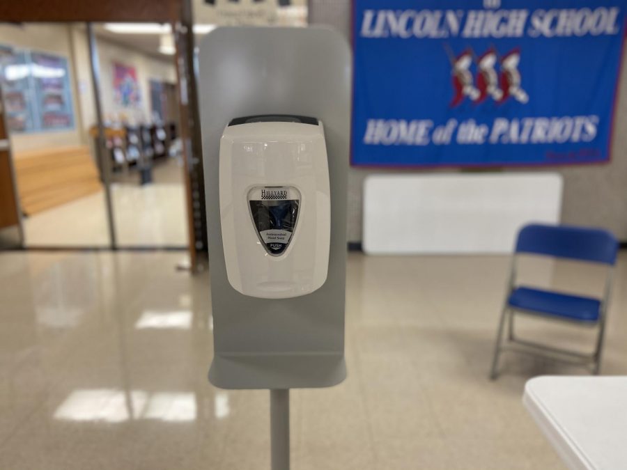 Sanitize stations are set up all around the school to keep students germs from spreading.