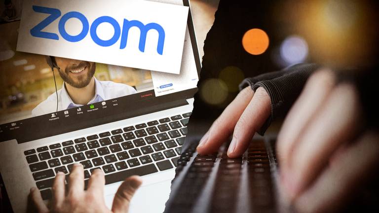 Cinematic picture of the zoom logo on a laptop and someone typing.