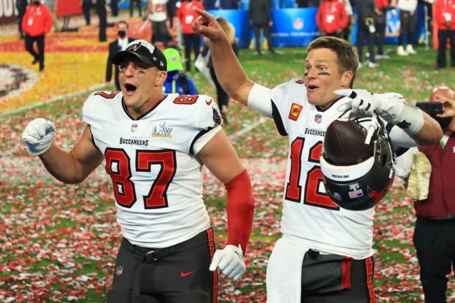 Tom Brady and Rob Gronkowski celebrate after their win in Super Bowl LV.