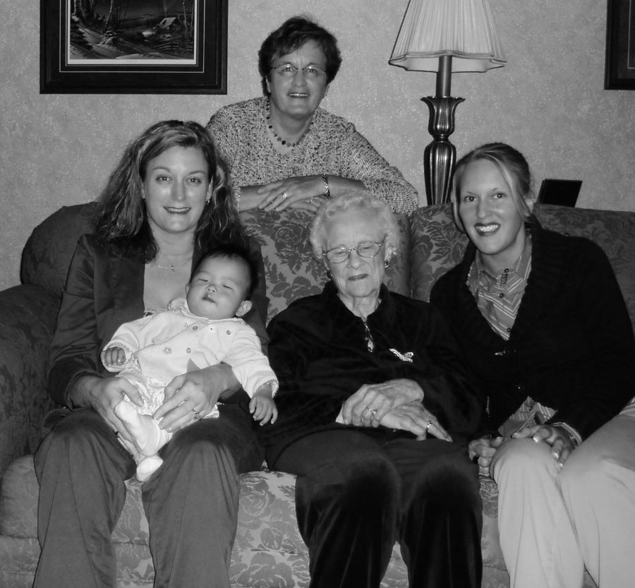 Four generations of Farrands (Sandvall’s mom side) sitting on the couch when Sandvall was nine months old.