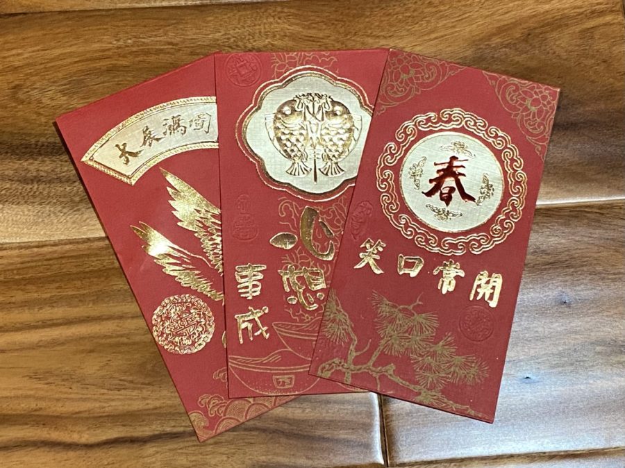 Typical red paper envelopes used to gift money for good fortune for the new year.