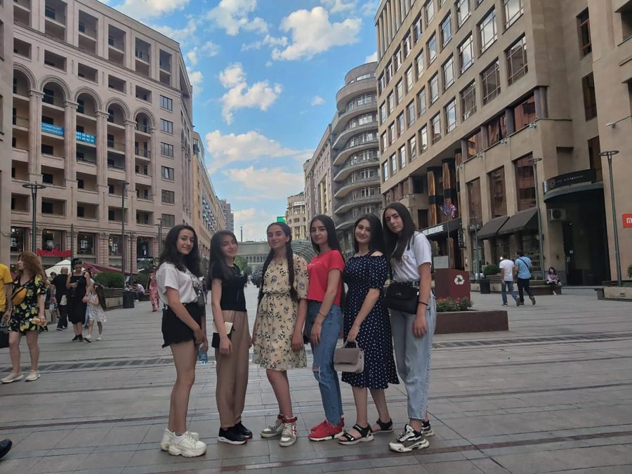 Varduhi Grigoryan and her friends shopping downtown in the capitol city in Armenia.