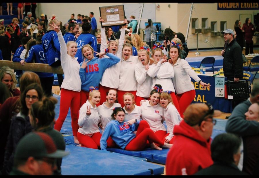 LHS gymnasts celebrate after the State meet in February of 2020 