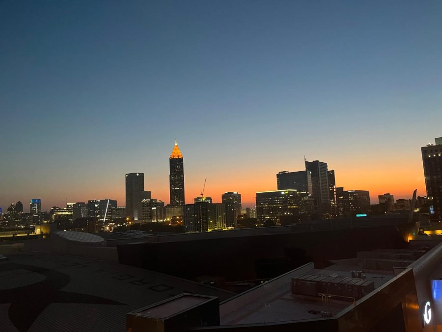 My view of the Atlanta sunset from my hotel room, looking directly onto the Georgia Aquarium.