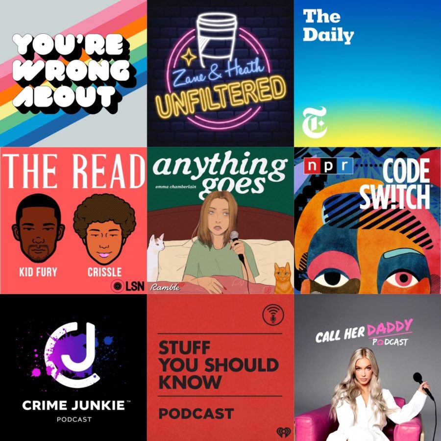 Podcast+covers+%28from+top+left+to+right%29%3B+Youre+Wrong+About+by+Sarah+Marshall+%26+Michael+Hobbes%2C+Unfiltered+by+Zane+%26+Heath%2C+The+Daily+by+New+York+Times%2C+The+Read+by+Kid+Fury+%26+Crissle%2C+Anything+Goes+by+Emma+Chamberlain%2C+Code+Switch+by+NPR%2C+Crime+Junkies+by+Ashley+Flowers%2C+Stuff+You+Should+Know+by+Josh+Clark+and+Charles+W.+Chuck+Bryant+and+Call+Her+Daddy+by+Alexandra+Cooper+and+Sofia+Franklyn.