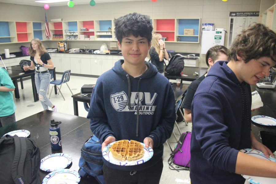 Period 2 Accelerated Chem student Dexter Boyt posing with a waffle.