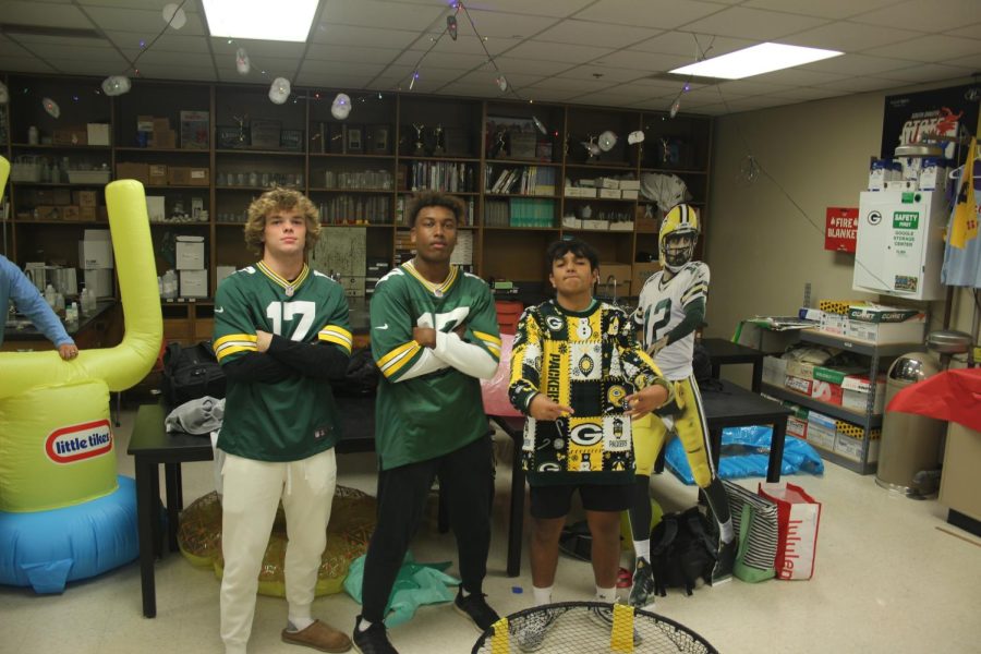 AP Chem Students Jack Smith, Peter Jal and Shaurya Thakkar posing in their Packers apparel.