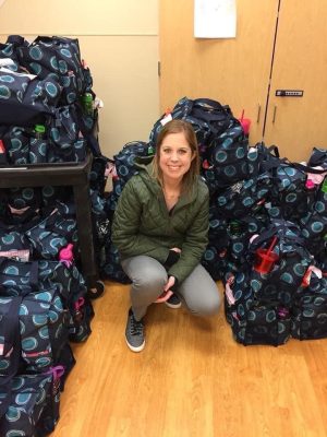 Rachel, the group founder, with the completed care packages ready to be brought to the hospitals. 
