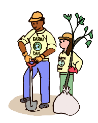 Drawing of two people planting trees on Earth Day as a form of community service.