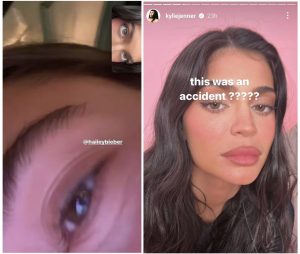 Screenshots of Kylie Jenner’s Instagram story posts three hours after Selena Gomez says she accidentally laminated her eyebrows wrong.