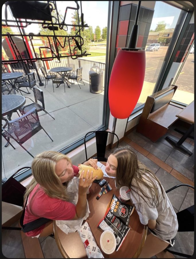 LHS Seniors Raina Marty (left) and Allie Huber (right) eating their lunch at Jimmy John’s.