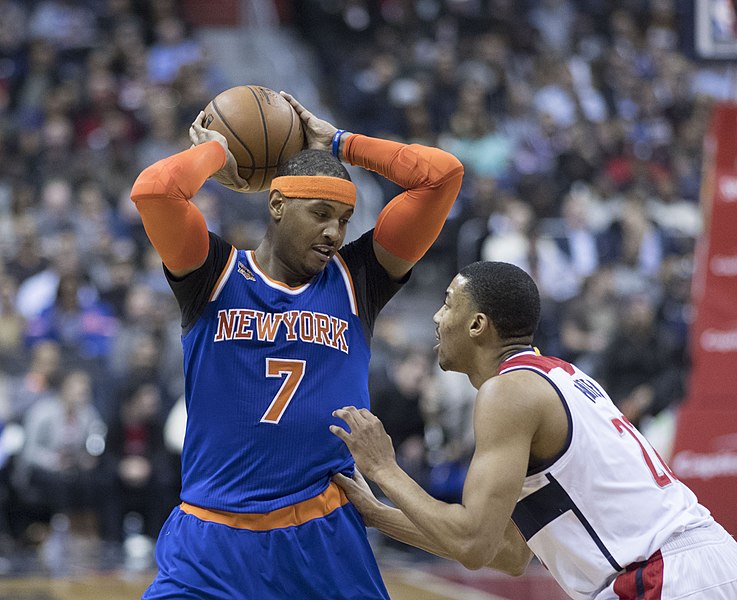 Carmelo Anthony wore the number seven for the New York Knicks during his seven-year stretch with the team. Photo used with permission from Wikimedia Commons/Keith Allison 
