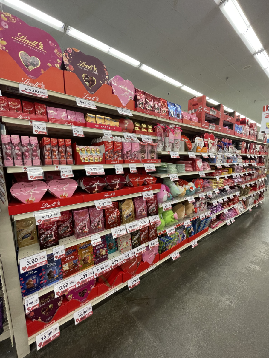 Although this is not what the holiday was about originally, the aisles at Hy-Vee show how Valentine’s Day has become commercialized. 