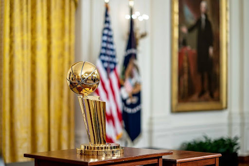 The NBA Championship Trophy is seen prior to an event welcoming the Golden State Warriors to the White House to celebrate their 2022 NBA championship, Tuesday, January 17, 2023, in the East Room. (Official White House Photo by Hannah Foslien)More: Original public domain image from Flickr