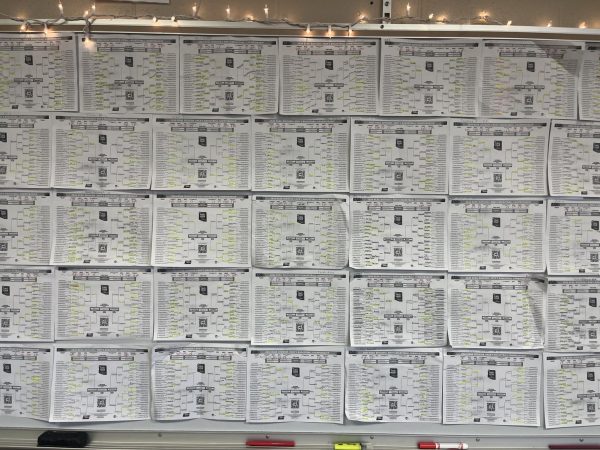 Students have fun tracking the wins and losses of the tournament in Maggie Petersons classroom. 