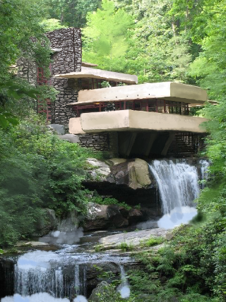 Frank Lloyd Wrights most famous home “Fallingwater” is located in a secluded forest far away from main roads. What makes this home unique is its construction over a waterfall. Artwork by Porter Stangeland
