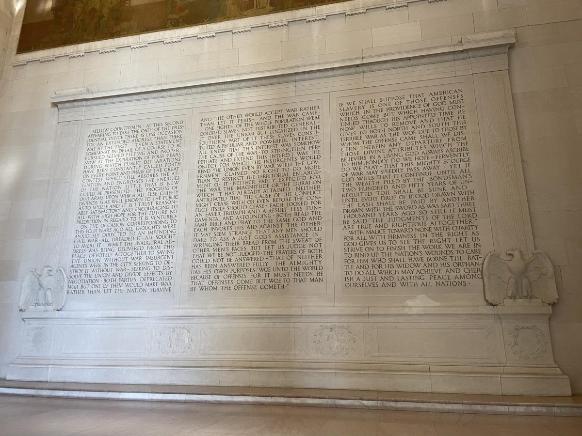 In the Lincoln Memorial, two of Lincoln’s most famous speeches, the Gettysburg Address and his 2nd Inaugural Address, are inscribed on the walls. Above the speeches are murals painted by Jules Guerin, according to the National Park Service, that depict “governing principles evident in Lincoln's life.”
