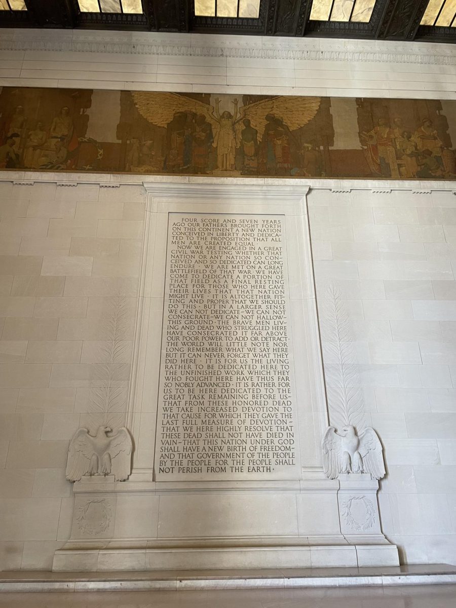 In the Lincoln Memorial, two of Lincoln’s most famous speeches, the Gettysburg Address and his 2nd Inaugural Address, are inscribed on the walls. Above the speeches are murals painted by Jules Guerin, according to the National Park Service, that depict “governing principles evident in Lincoln's life.”
