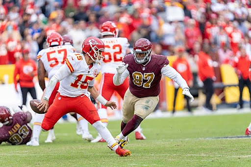 Patrick Mahomes in his first seven seasons has more TD’s, yards, less interceptions and the same amount of Super Bowl wins (Photo used with permission by Wikimedia Commons).
