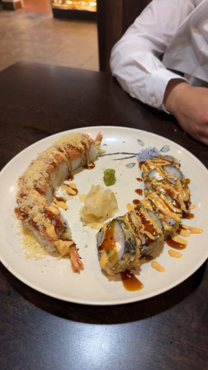 Sioux Falls Roll and Salmon Crab Stick Fried Roll topped with eel sauce and spicy mayo.