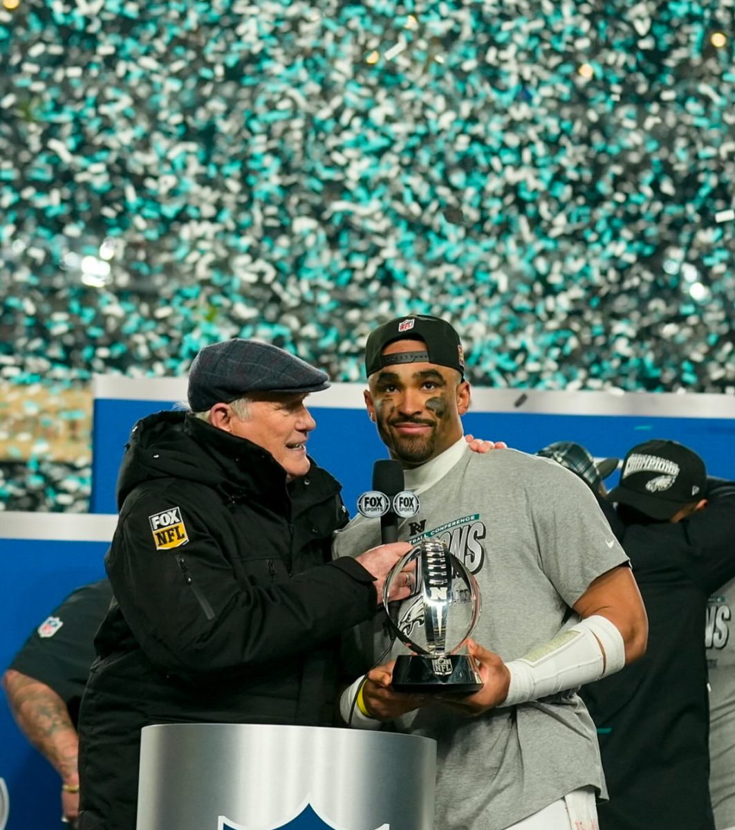 Quarterback Jalen Hurts accepting the George Halas Trophy. Photo used with permission by Instagram @NFL
