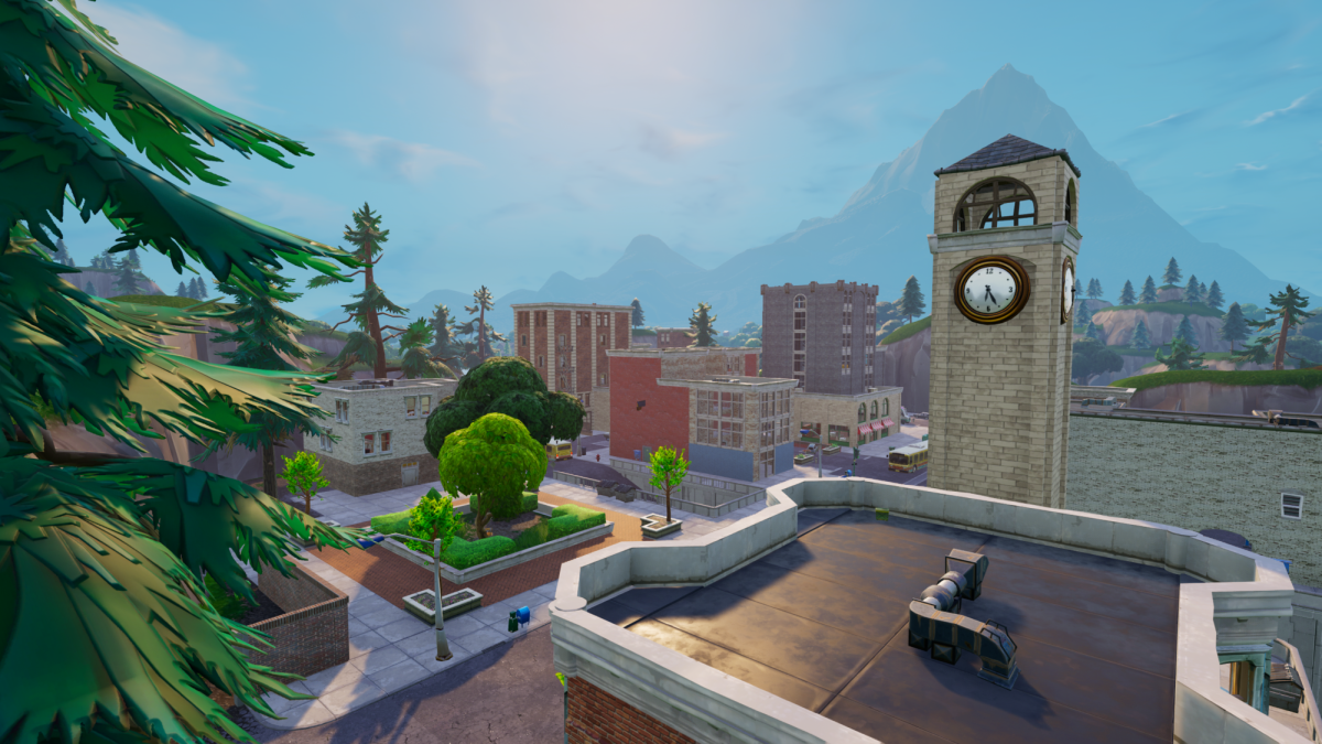 Tilted Towers, a well-known location for the average Fortnite player to drop into the game where action is unavoidable. 
(Screenshot by Will Hansen, used with permission provided by Epic Games)