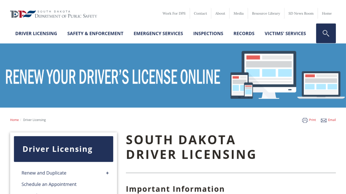 For more information, including details on what documents are needed and how to make an appointment, residents can visit the DPS website. Screenshot used with permission by the South Dakota Department of Public Safety. Screenshot used with permission from the DPS website.
