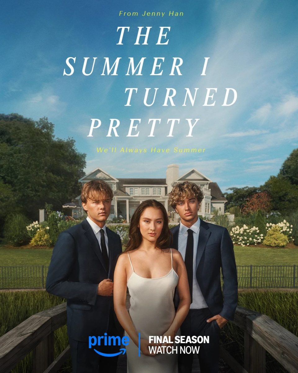 “The Summer I Turned Pretty” season three poster with Conrad, Jeremiah and Belly standing in front of the beach house, wearing their wedding outfits.
Photo used with permission by Amazon MGM Studios

